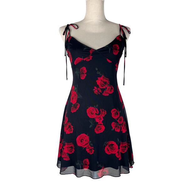 Bershka Rose Print Strappy Mini Dress Black Red Floral Y2K Romantic Going Out - Picture 4 of 10